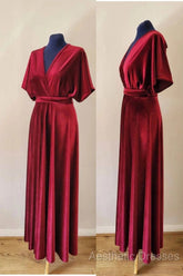 A-Line Velvet V-Neck Formal Dresses Long Bridesmaid Dresses
